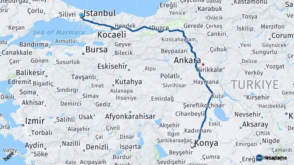 İstanbul Konya Arası Kaç Km - Yol Haritası