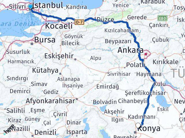 İstanbul Konya Havalimanı Arası Kaç Km - Yol Haritası