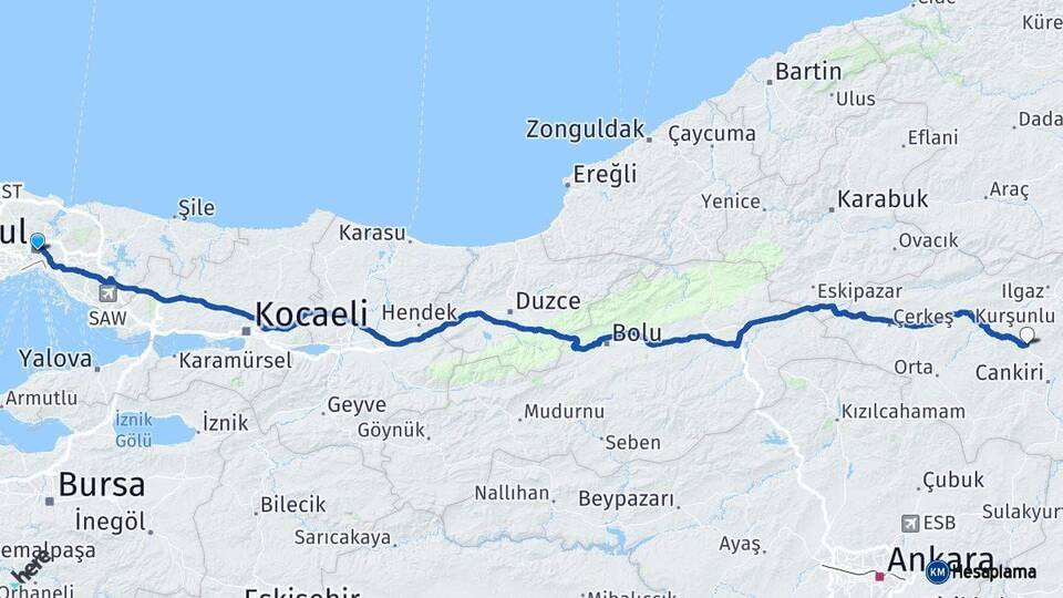 İstanbul Korgun Çankırı Arası Kaç Km - Yol Haritası
