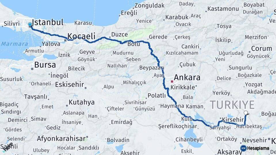 İstanbul Kozaklı Nevşehir Arası Kaç Km - Yol Haritası