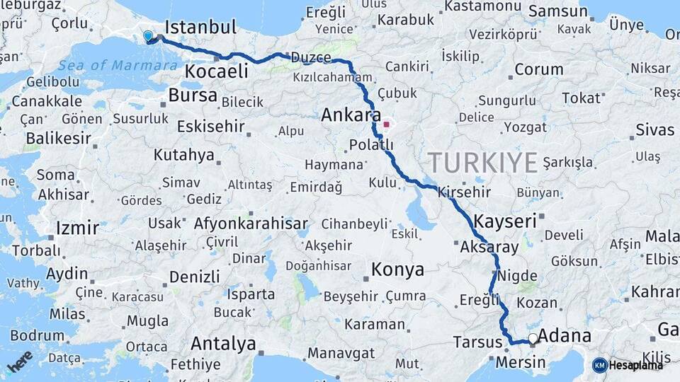İstanbul Küçükçekmece Adana Arası Kaç Km - Yol Haritası