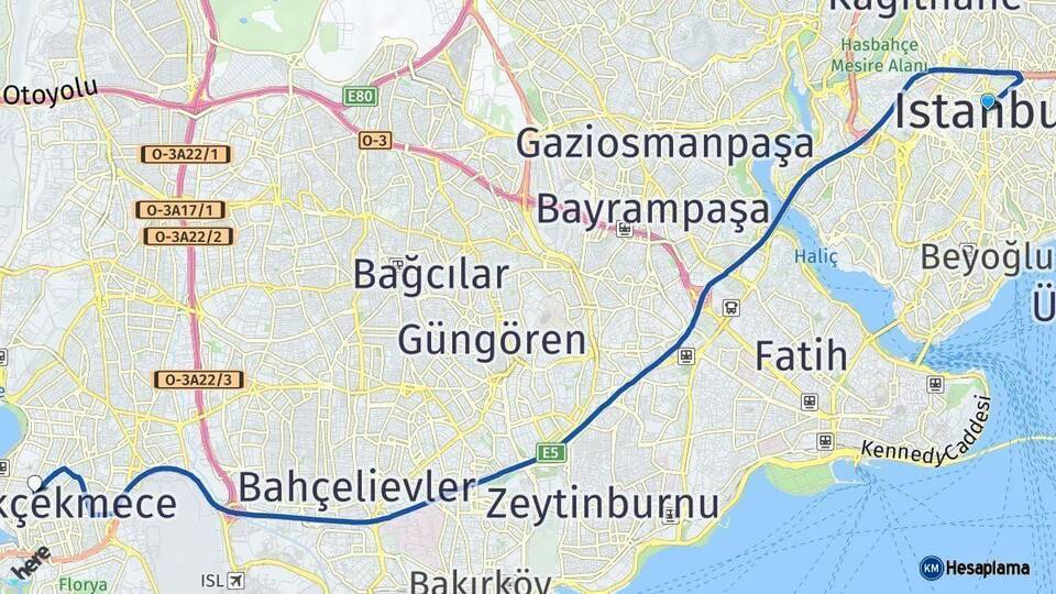 İstanbul Küçükçekmece Arası Kaç Km - Yol Haritası