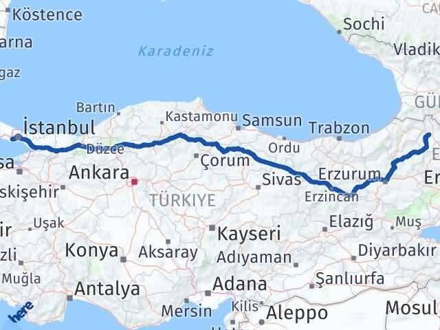 İstanbul Küçükçekmece Ardahan Arası Kaç Km - Yol Haritası