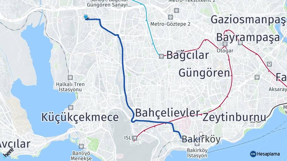 İstanbul Küçükçekmece Atakent Bakırköy Arası Kaç Km - Yol Haritası