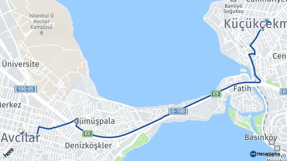 İstanbul Küçükçekmece Avcılar Arası Kaç Km - Yol Haritası