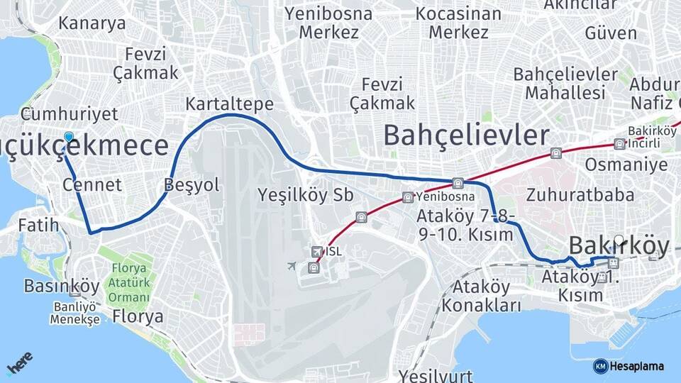 İstanbul Küçükçekmece Bakırköy Arası Kaç Km - Yol Haritası