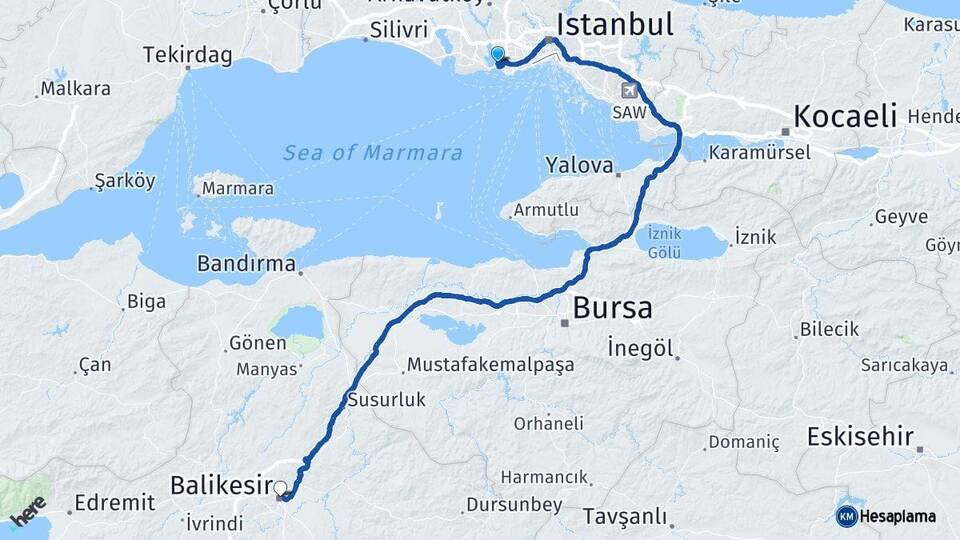 İstanbul Küçükçekmece Balıkesir Arası Kaç Km - Yol Haritası