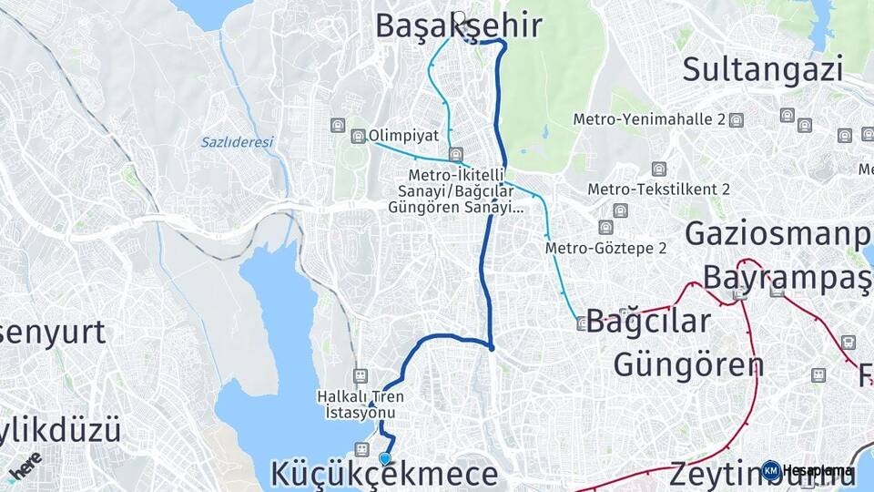 İstanbul Küçükçekmece Başakşehir Arası Kaç Km - Yol Haritası