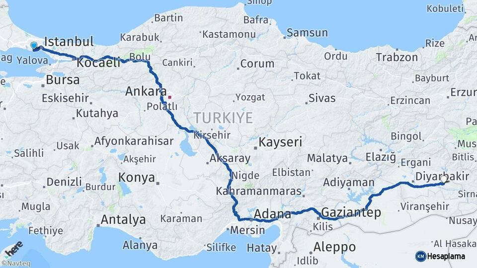 İstanbul Küçükçekmece Batman Arası Kaç Km - Yol Haritası
