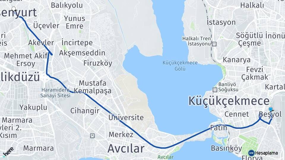 İstanbul Küçükçekmece Beşyol Esenyurt Arası Kaç Km - Yol Haritası