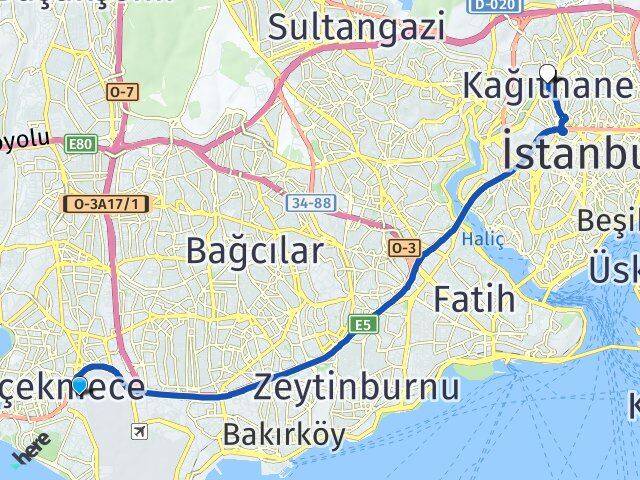 İstanbul Küçükçekmece Beşyol Kağıthane Arası Kaç Km - Yol Haritası