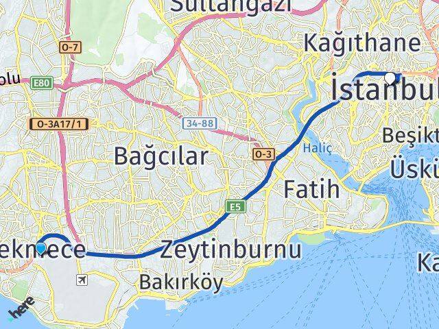 İstanbul Küçükçekmece Beşyol Şişli Arası Kaç Km - Yol Haritası
