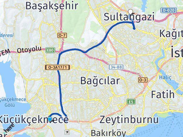 İstanbul Küçükçekmece Beşyol Sultangazi Arası Kaç Km - Yol Haritası