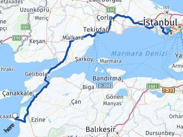 İstanbul Küçükçekmece Bozcaada Çanakkale Arası Kaç Km - Yol Haritası