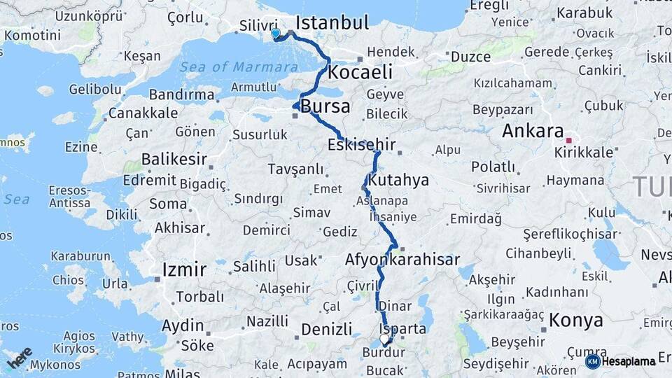 İstanbul Küçükçekmece Burdur Arası Kaç Km - Yol Haritası