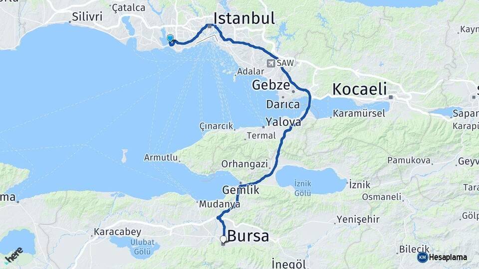 İstanbul Küçükçekmece Bursa Arası Kaç Km - Yol Haritası