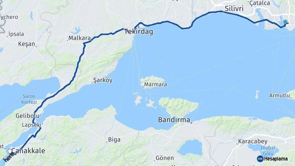 İstanbul Küçükçekmece Çanakkale Arası Kaç Km - Yol Haritası