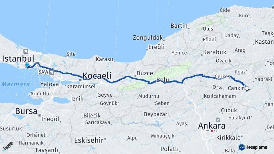 İstanbul Küçükçekmece Çankırı Arası Kaç Km - Yol Haritası
