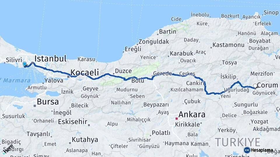 İstanbul Küçükçekmece Çorum Arası Kaç Km - Yol Haritası