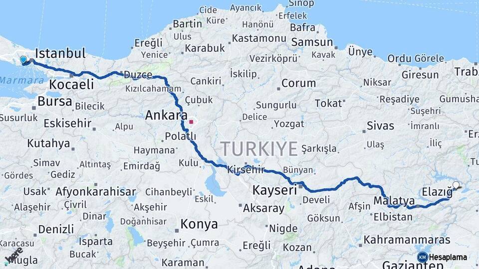 İstanbul Küçükçekmece Elazığ Arası Kaç Km - Yol Haritası