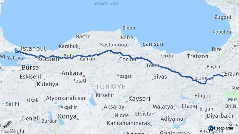 İstanbul Küçükçekmece Erzurum Arası Kaç Km - Yol Haritası
