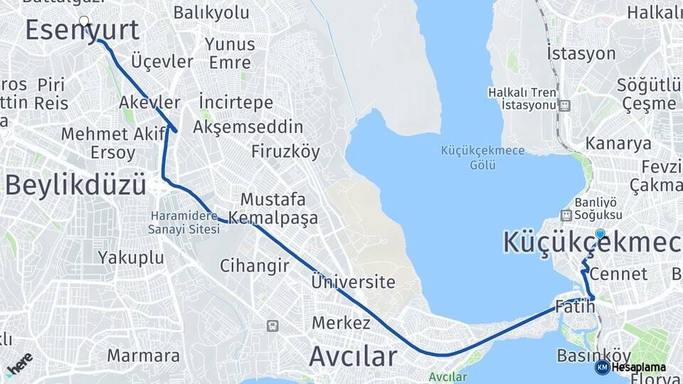 İstanbul Küçükçekmece Esenyurt Arası Kaç Km - Yol Haritası