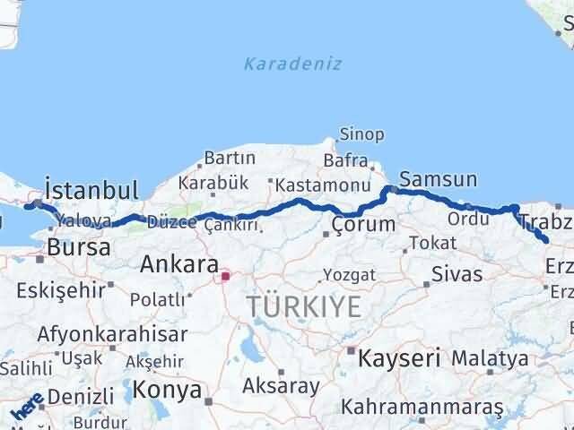 İstanbul Küçükçekmece Gümüşhane Arası Kaç Km - Yol Haritası