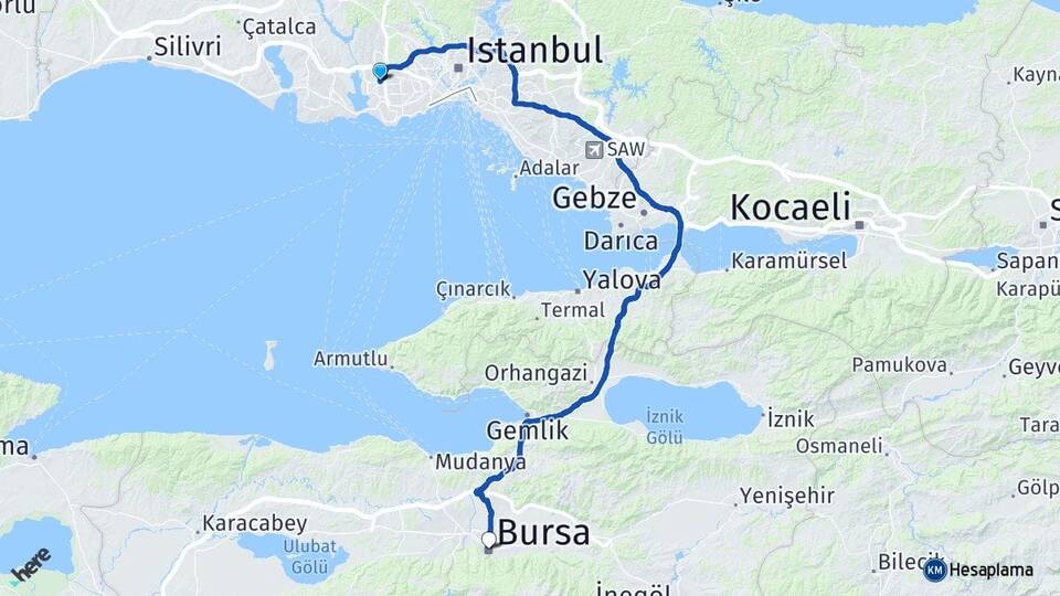 İstanbul Küçükçekmece Halkalı Bursa Arası Kaç Km - Yol Haritası