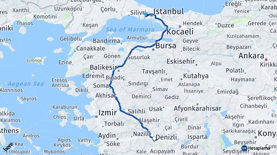 İstanbul Küçükçekmece Halkalı Denizli Arası Kaç Km - Yol Haritası