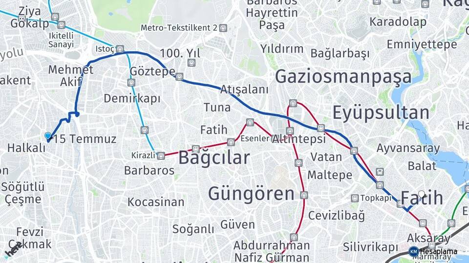 İstanbul Küçükçekmece Halkalı Fatih Arası Kaç Km - Yol Haritası