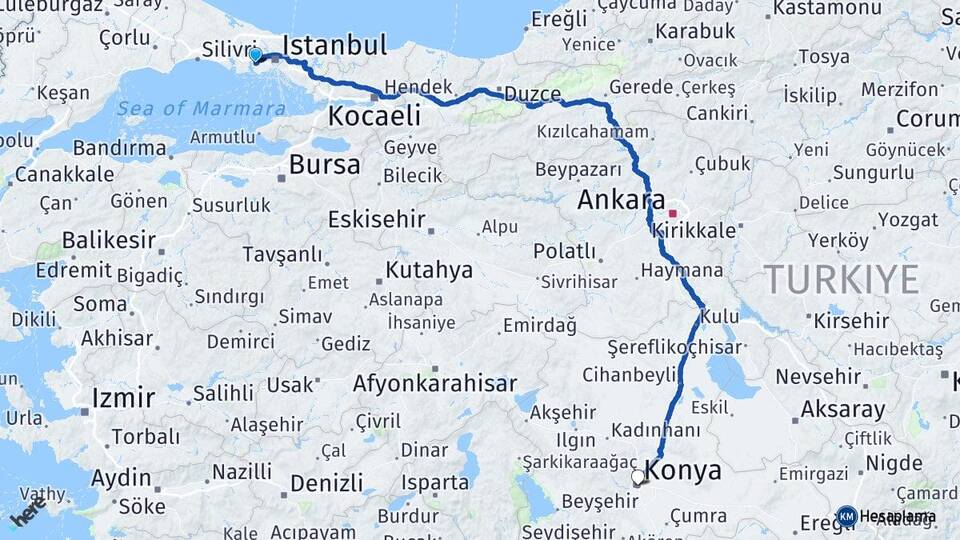 İstanbul Küçükçekmece Halkalı Konya Arası Kaç Km - Yol Haritası