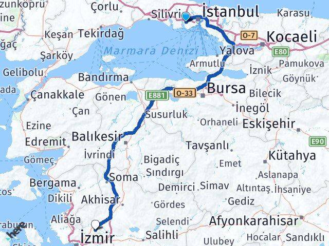 İstanbul Küçükçekmece Halkalı Manisa Arası Kaç Km - Yol Haritası