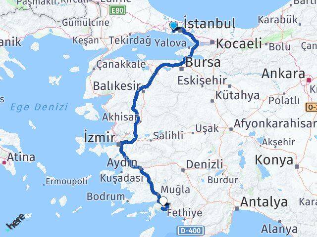İstanbul Küçükçekmece Halkalı Muğla Arası Kaç Km - Yol Haritası