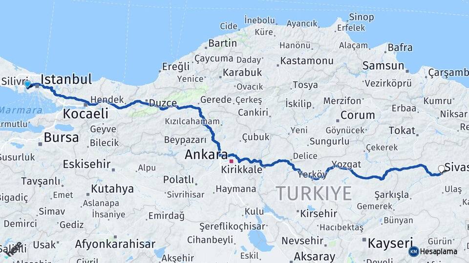 İstanbul Küçükçekmece Halkalı Sivas Arası Kaç Km - Yol Haritası