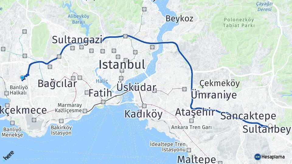 İstanbul Küçükçekmece Halkalı Sultanbeyli Arası Kaç Km - Yol Haritası