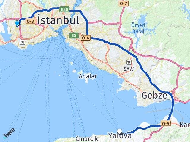 İstanbul Küçükçekmece Halkalı Yalova Arası Kaç Km - Yol Haritası