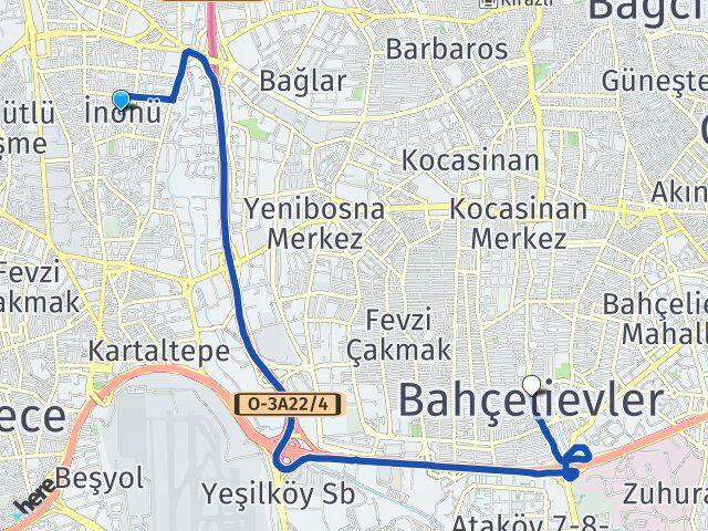 İnönü Bahçelievler Arası Kaç Km - Yol Tarifi