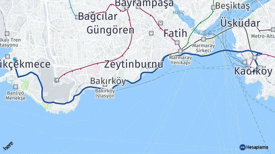 İstanbul Küçükçekmece Kadıköy Arası Kaç Km - Yol Haritası