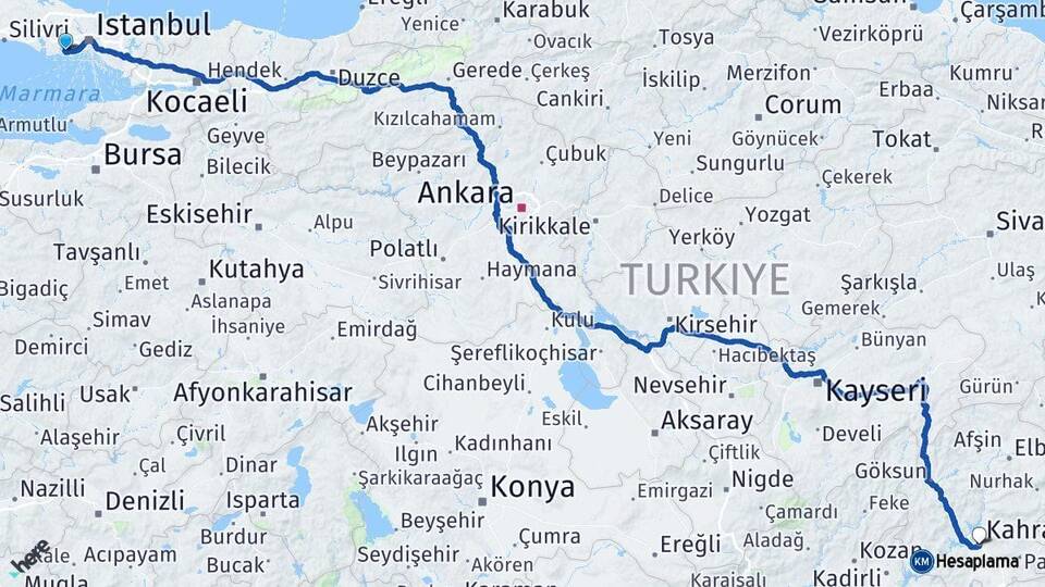 İstanbul Küçükçekmece Kahramanmaraş Arası Kaç Km - Yol Haritası