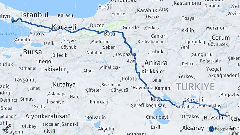 İstanbul Küçükçekmece Kayseri Arası Kaç Km - Yol Haritası