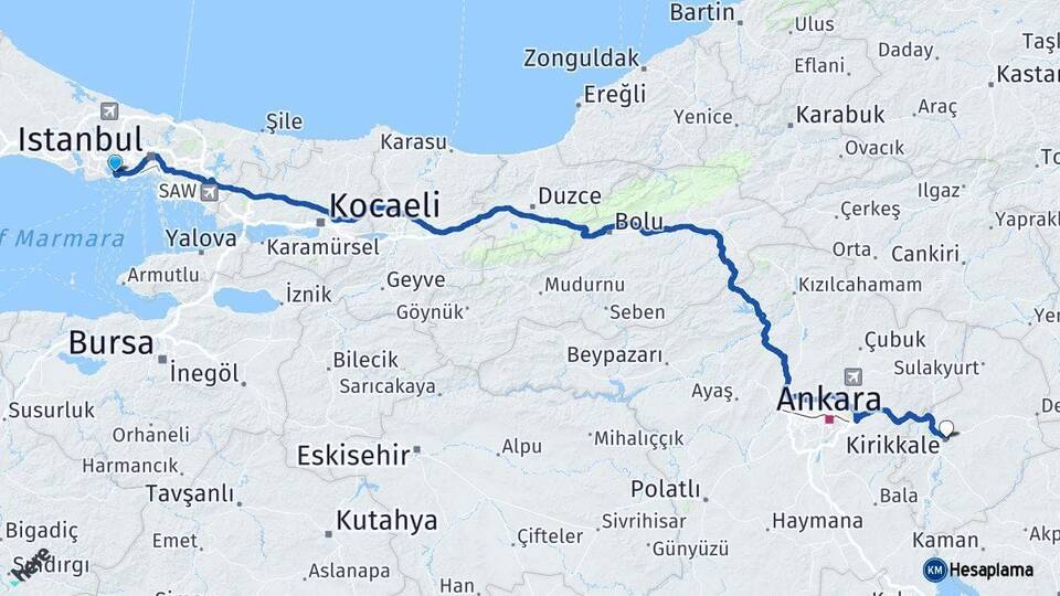İstanbul Küçükçekmece Kırıkkale Arası Kaç Km - Yol Haritası