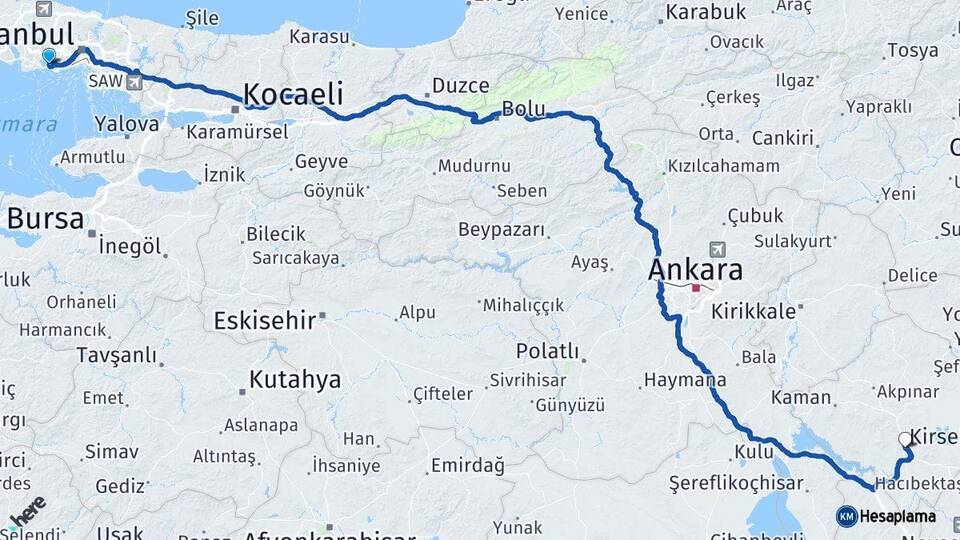 İstanbul Küçükçekmece Kırşehir Arası Kaç Km - Yol Haritası