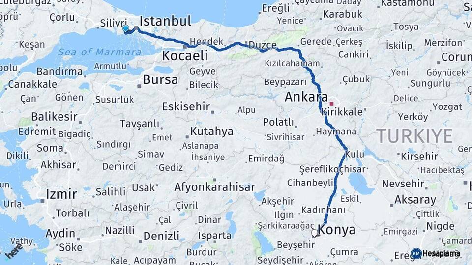 İstanbul Küçükçekmece Konya Arası Kaç Km - Yol Haritası