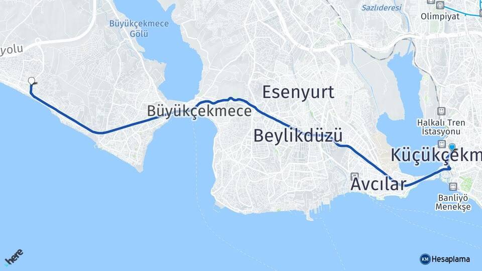 İstanbul Küçükçekmece Kumburgaz Büyükçekmece Arası Kaç Km - Yol Haritası