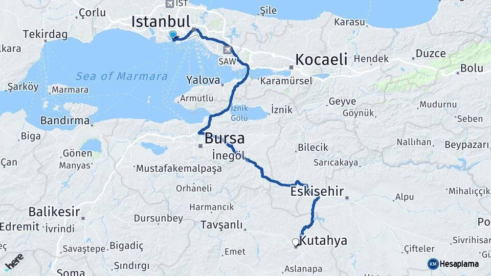 İstanbul Küçükçekmece Kütahya Arası Kaç Km - Yol Haritası
