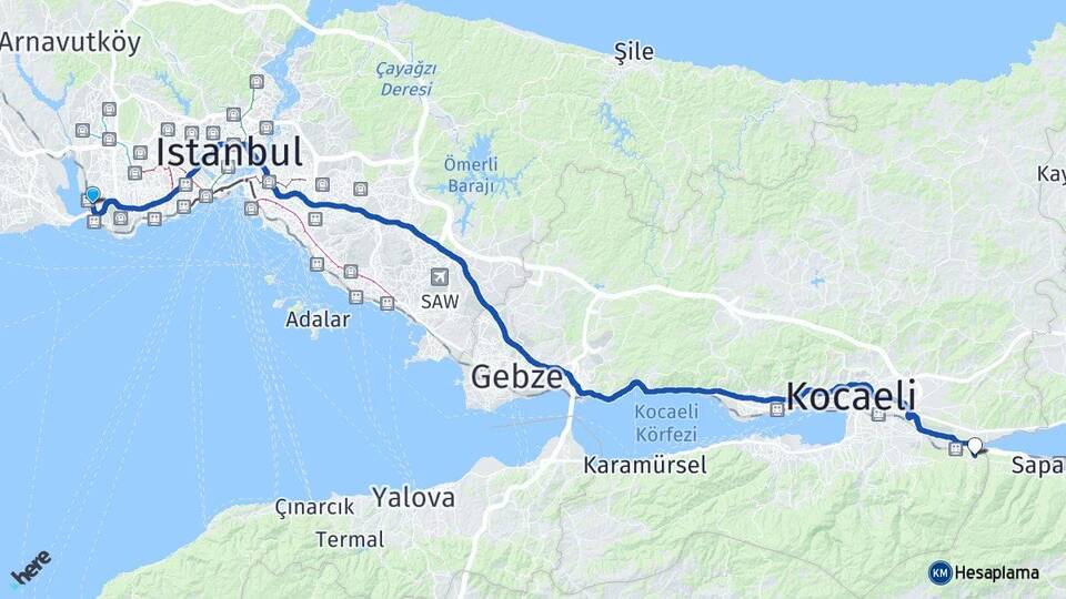 İstanbul Küçükçekmece Maşukiye Kartepe Kocaeli Arası Kaç Km - Yol Haritası