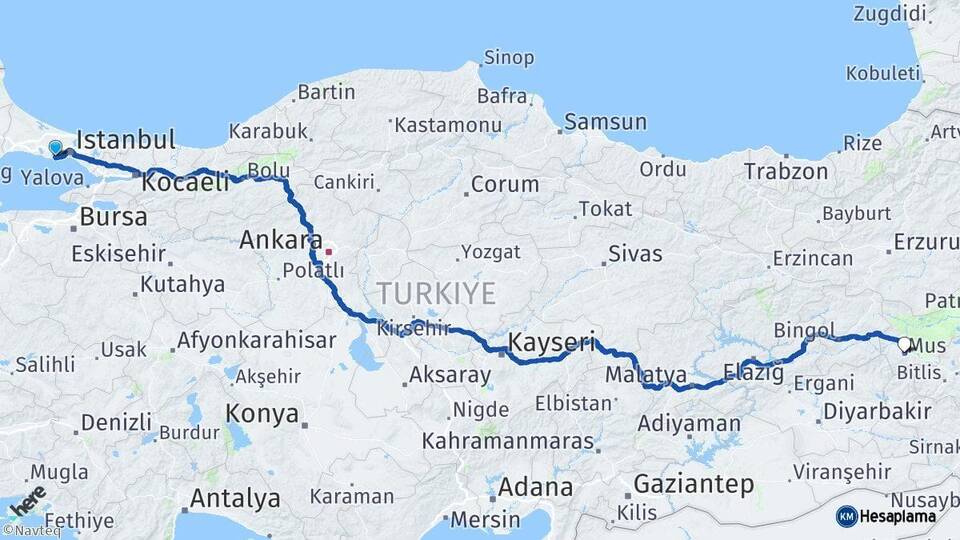 İstanbul Küçükçekmece Muş Arası Kaç Km - Yol Haritası