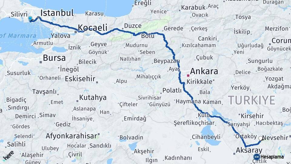 İstanbul Küçükçekmece Nevşehir Arası Kaç Km - Yol Haritası