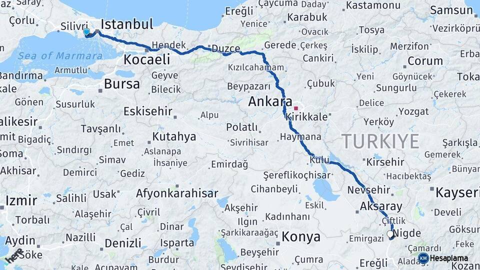 İstanbul Küçükçekmece Niğde Arası Kaç Km - Yol Haritası