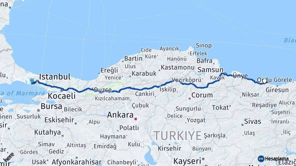 İstanbul Küçükçekmece Ordu Arası Kaç Km - Yol Haritası